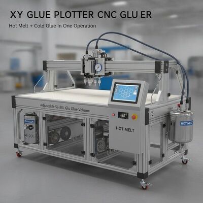 XY Glue Plotter CNC Gluer mit heiß schmelzendem und kaltem Klebstoff in einer Operation, einstellbares Klebstoffvolumen von 5L-20L und Arbeitsgröße von 1700x2500mm